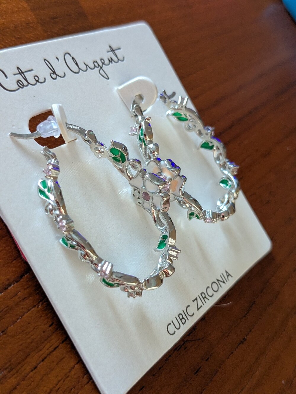 Cote d' Argent Silver-Tone Floral Hoop Earrings with Green Accents NEW